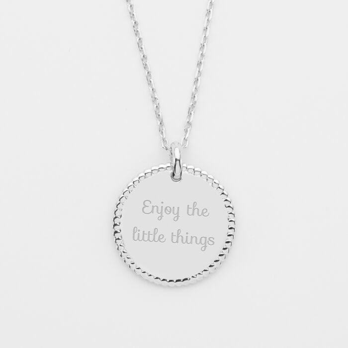 Pendentif personnalisé médaille gravée argent disque perlé 19 mm - texte
