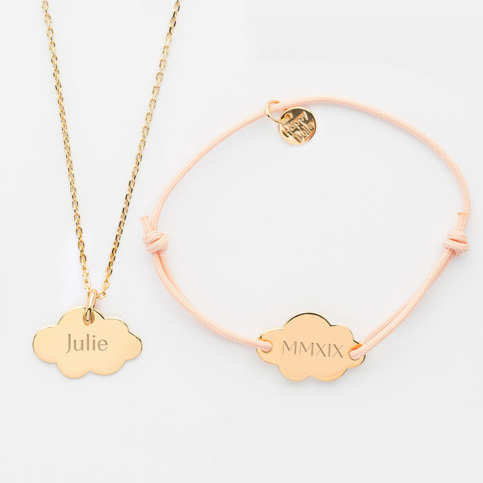 Coffret enfant personnalisé pendentif et bracelet médailles gravées plaqué or nuage 20x14 mm - 3