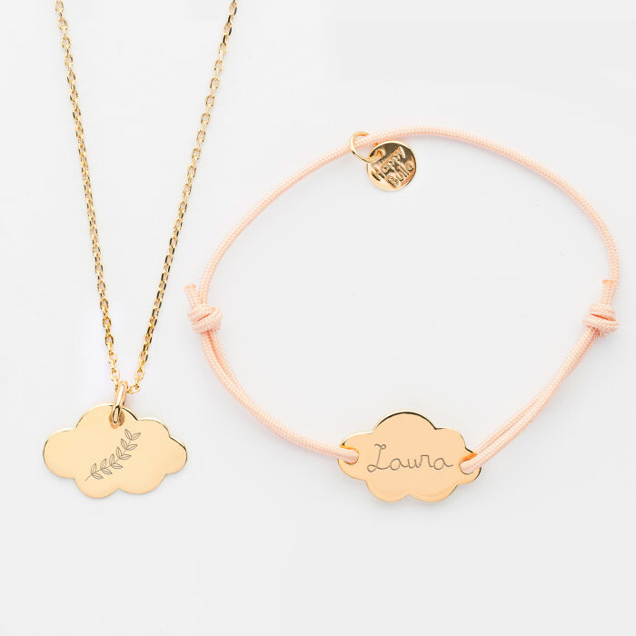 Coffret enfant personnalisé pendentif et bracelet médailles gravées plaqué or nuage 20x14 mm - 4