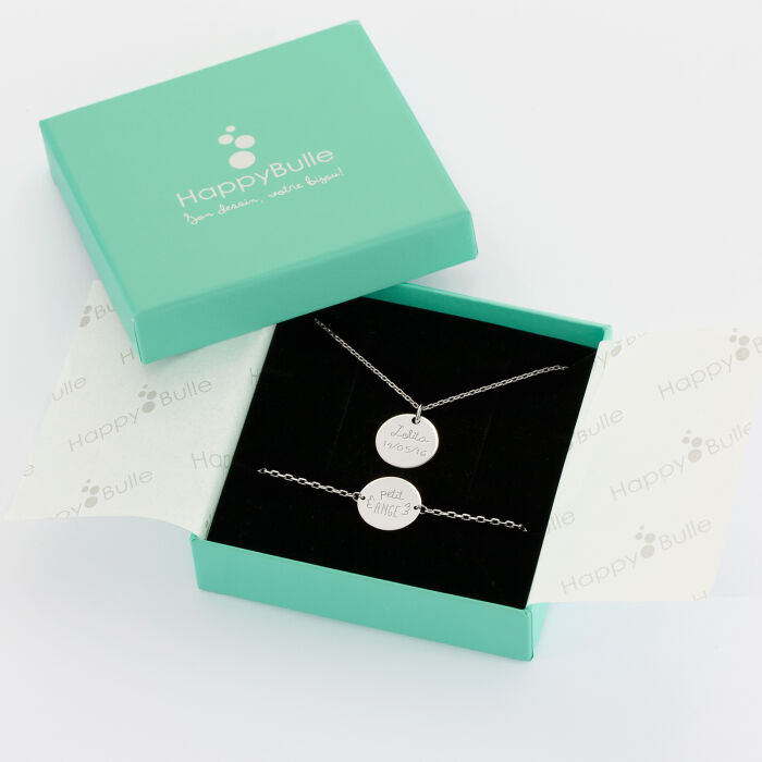 Parure enfant personnalisé pendentif et bracelet chaîne médailles gravées argent 15 mm - boîte cadeau
