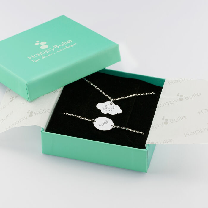 Parure enfant personnalisé pendentif médaille gravée argent nuage 20x14 mm et bracelet chaîne médaille gravée argent 15 mm - boi