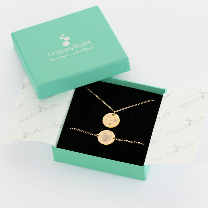 Parure enfant personnalisé pendentif et bracelet chaîne médailles gravées plaqué or 15 mm - boite cadeau