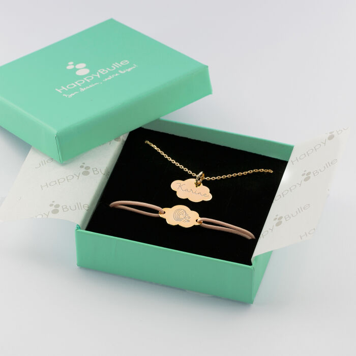 Parure enfant personnalisé pendentif et bracelet médailles gravées plaqué or nuage 20x14 mm boite
