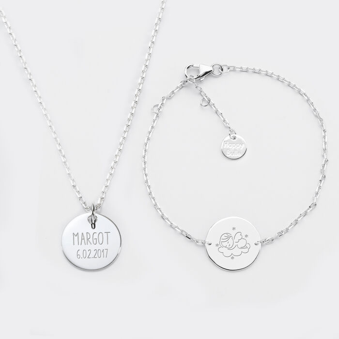 Parure enfant personnalisé pendentif et bracelet chaîne médailles gravées argent 15 mm - 3