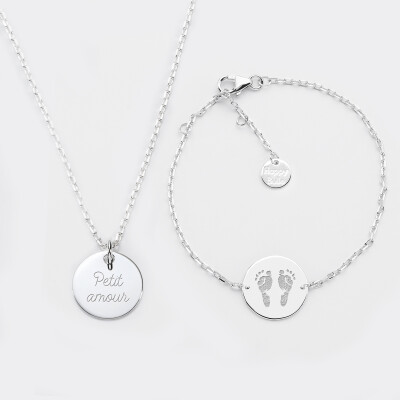 Parure enfant personnalisé pendentif et bracelet chaîne médailles gravées argent 15 mm  - 1