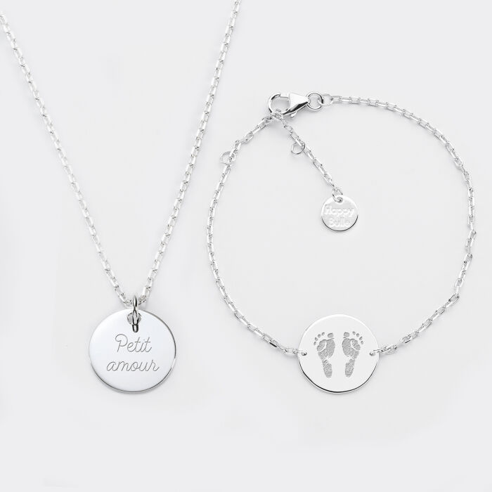 Parure enfant personnalisé pendentif et bracelet chaîne médailles gravées argent 15 mm  - 1
