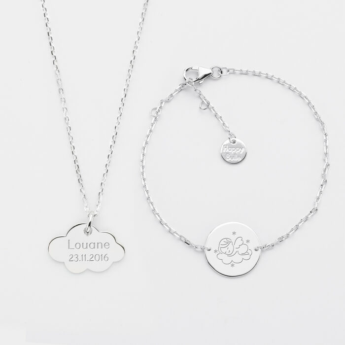 Parure enfant personnalisé pendentif médaille gravée argent nuage 20x14 mm et bracelet chaîne médaille gravée argent 15 mm - 2