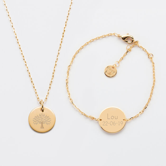 Parure enfant personnalisé pendentif et bracelet chaîne médailles gravées plaqué or 15 mm  - 2