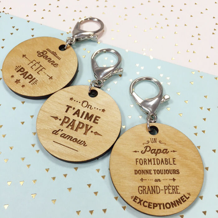 Porte-clés gravé bois médaille ronde 50 mm - Edition spéciale "Grand-père exceptionnel" trio
