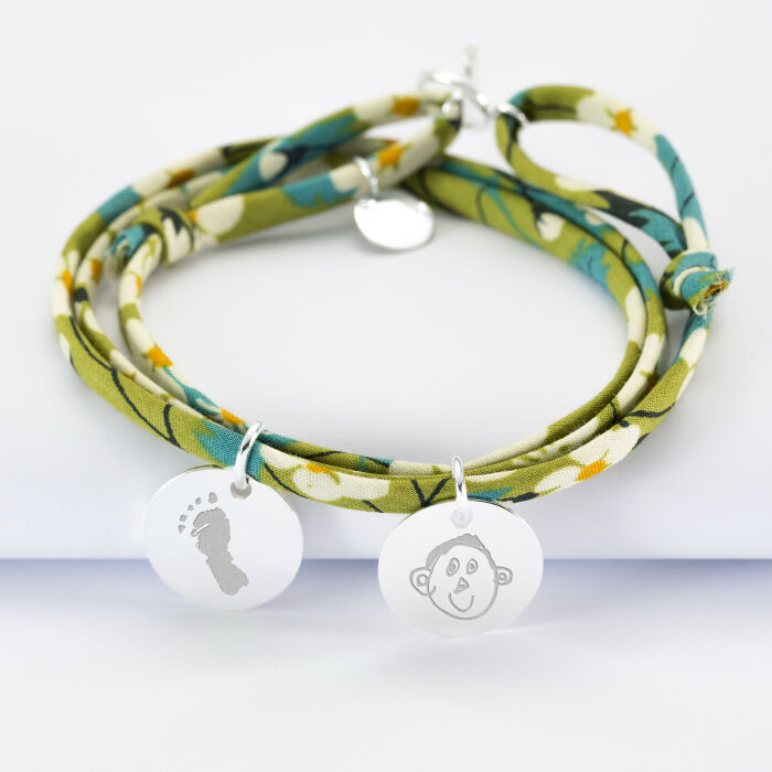 Bracciale 3 giri liberty personalizzato 2 medagliette incise argento 15 mm - impronta disegno
