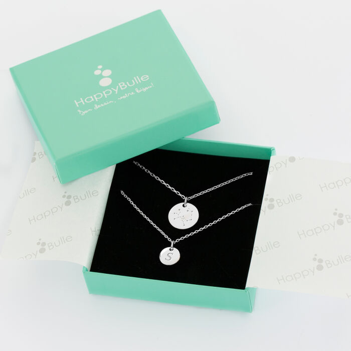 Duo de pendentifs personnalisés médailles gravées argent 15 mm et 10 mm - illustration + initiale