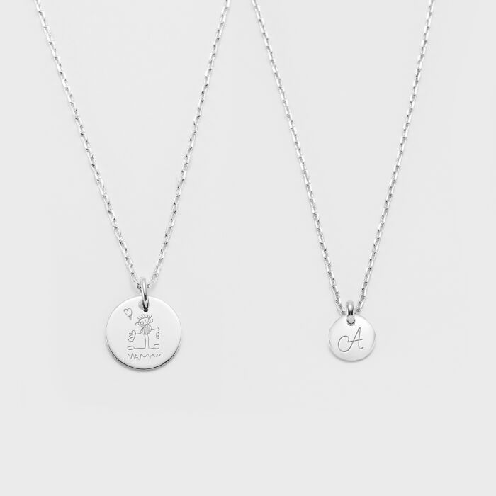 Duo de pendentifs personnalisés médailles gravées argent 15 mm et 10 mm - dessin + initiale