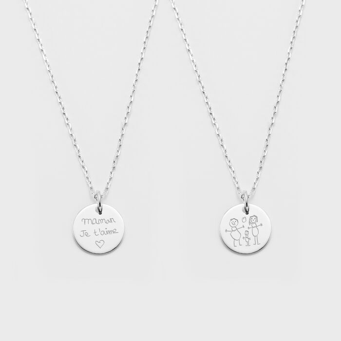 Duo de pendentifs personnalisés médailles gravées argent 15 mm - écrits + dessin
