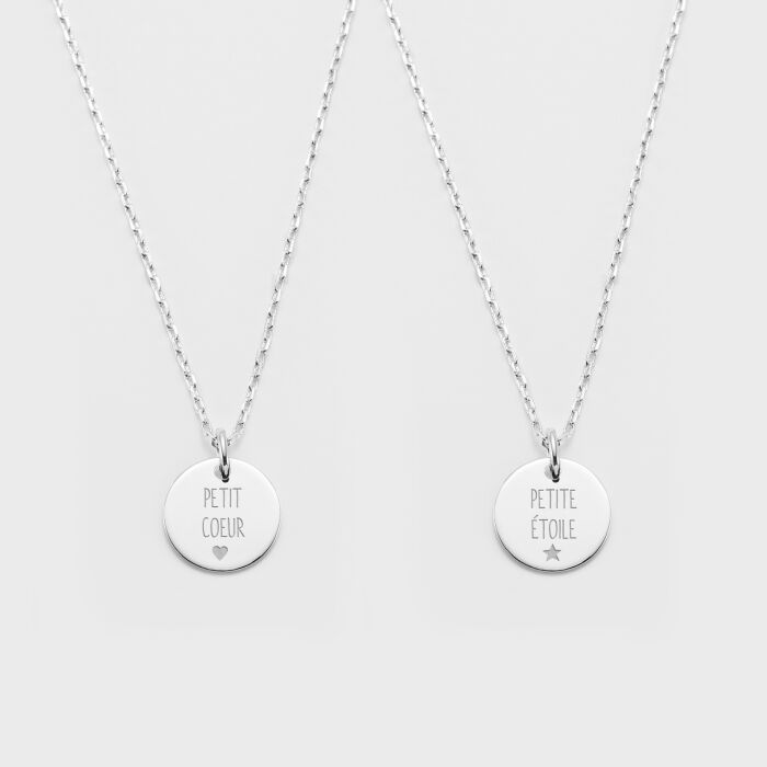 Duo de pendentifs personnalisés médailles gravées argent 15 mm - texte