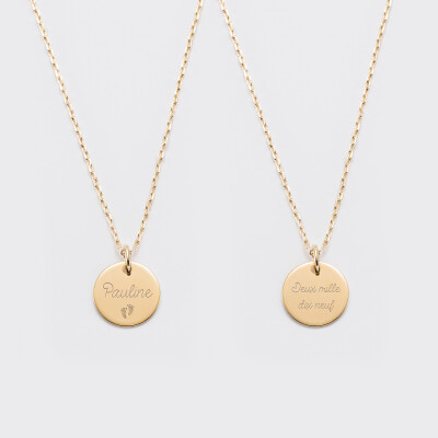 Duo de pendentifs personnalisés médailles gravées plaqué or 15 mm - prénom + écrit