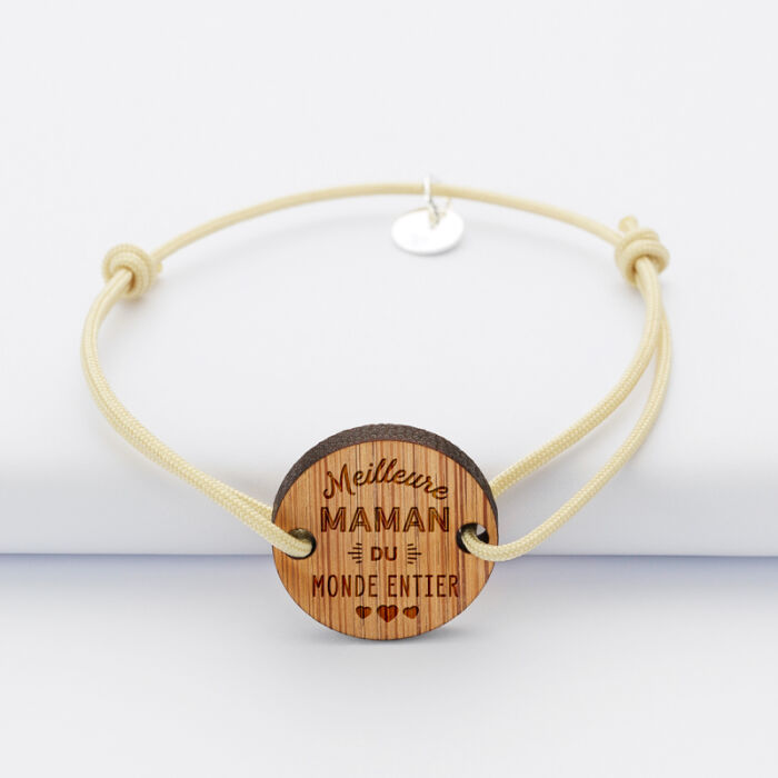 Duo de bracelets médailles gravées bois rondes 2 trous 21 mm Meilleurs Maman et Papa - femme