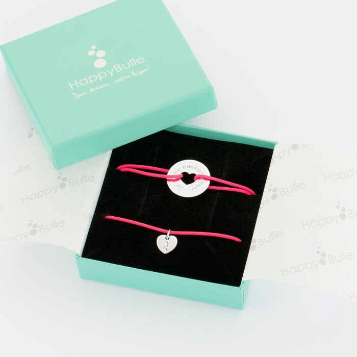 Duo bracelets médailles gravées plaqué or cible coeur 21 mm et coeur 10mm