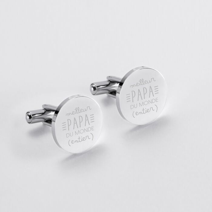 Boutons de manchettes "Meilleur papa" gravés plaqué argent rond 16 mm - Nos petits imparfaits face