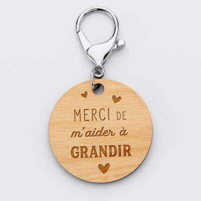 Porte-clés gravé bois médaille ronde 50 mm - édition spéciale "l'école est finie" - Merci m'aider à grandir