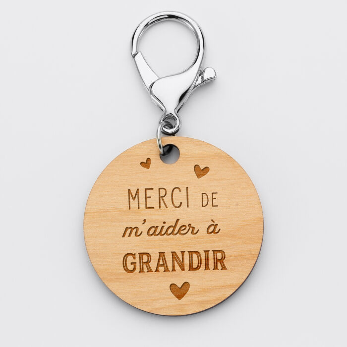 Porte-clés gravé bois médaille ronde 50 mm - édition spéciale "l'école est finie" - Merci m'aider à grandir