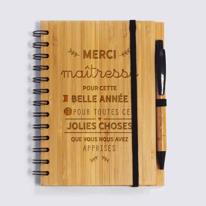 Carnet bambou Merci Maîtresse 14,5x18 cm et stylo gravé - édition limitée pré-personnalisée 2