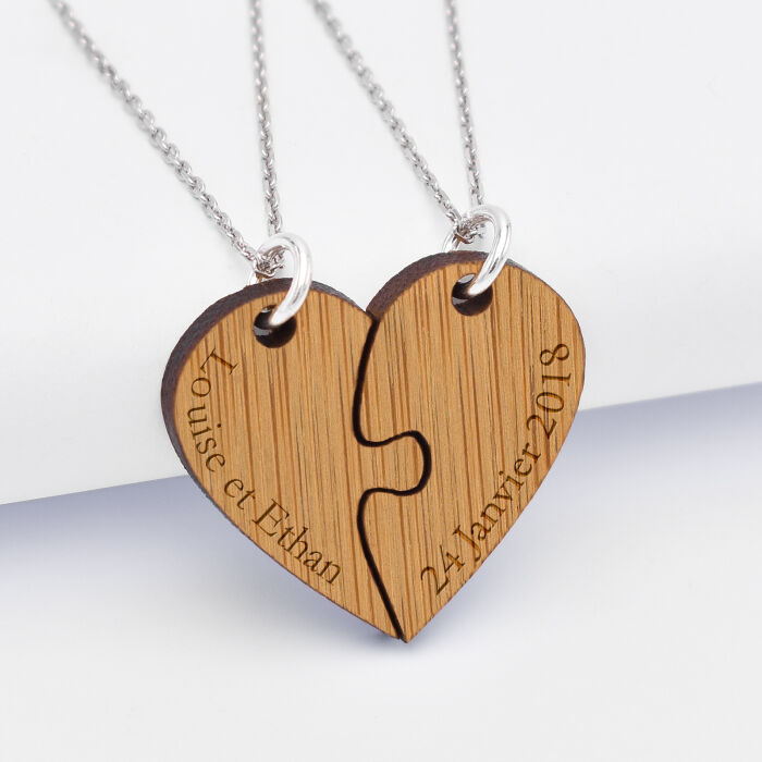 Duo de pendentif personnalisé médailles gravées bois prénom "cœur inséparable" - texte 3