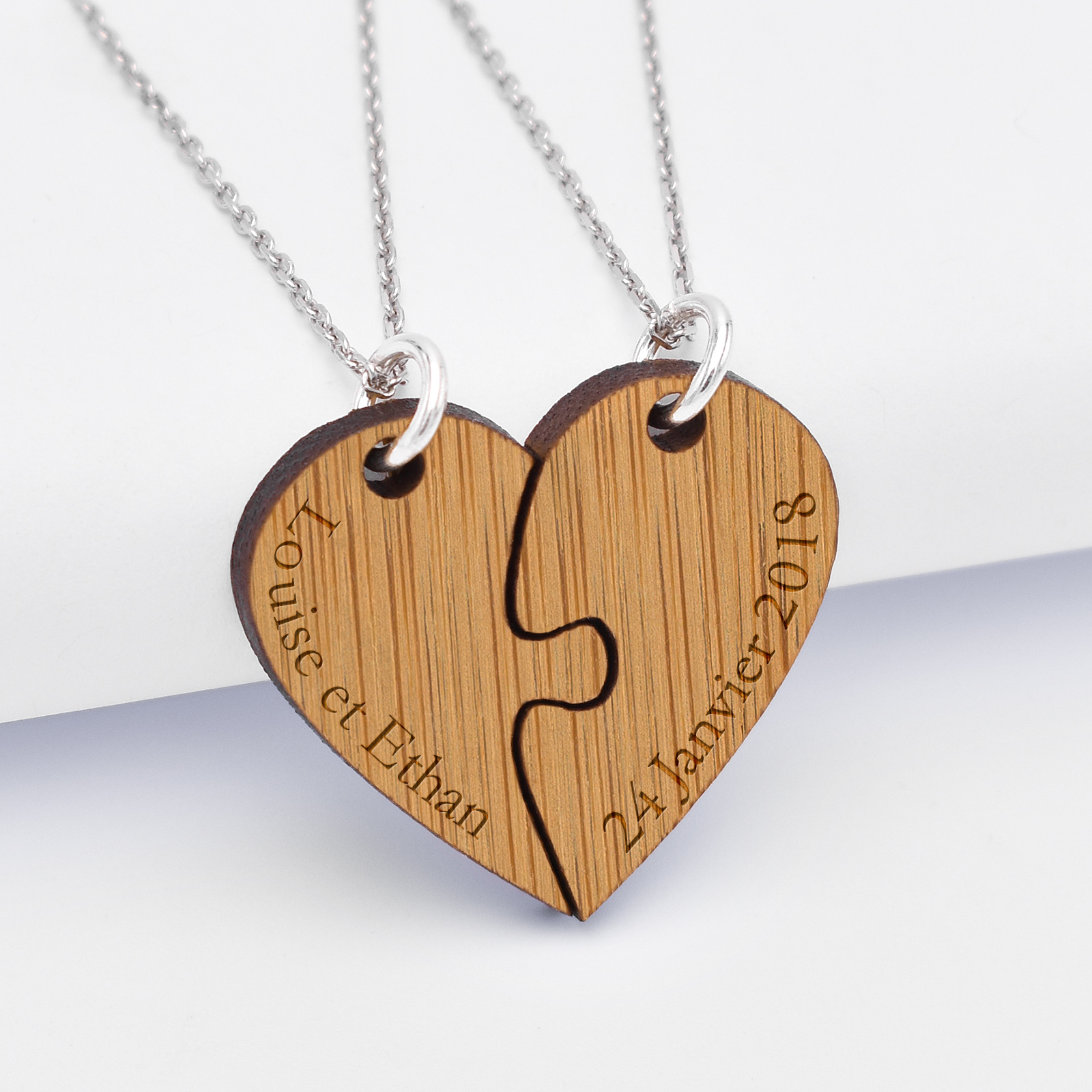 Pair of Personalised Matching Pendants with Engraved Wooden