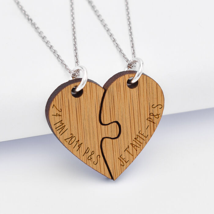 Duo de pendentif personnalisé médailles gravées bois prénom "cœur inséparable"- vierge