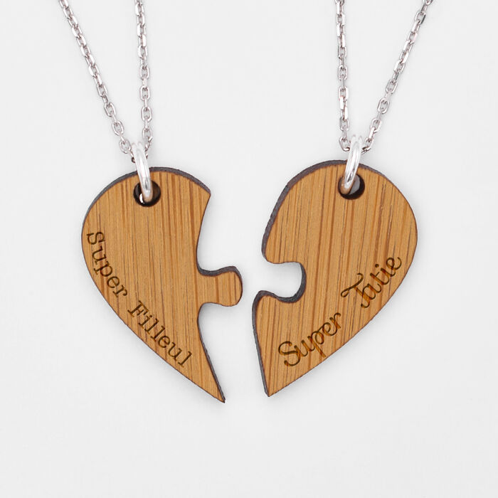 Duo de pendentif personnalisé médailles gravées bois prénom "cœur inséparable" - texte 4