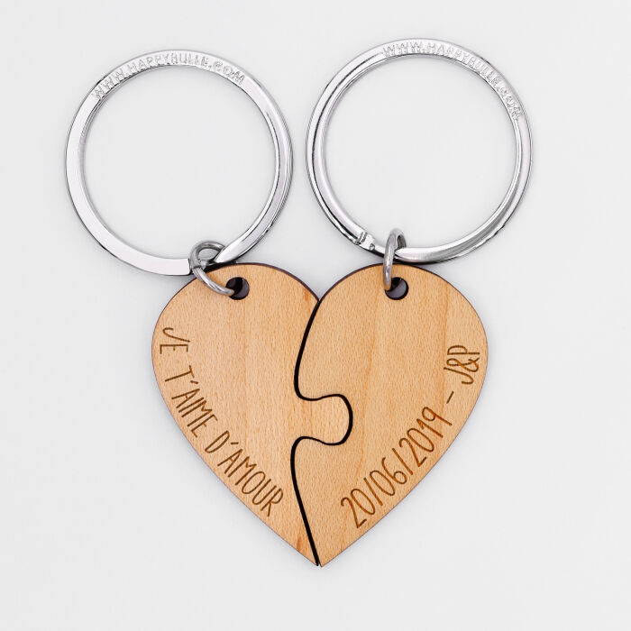 Duo de porte-clés personnalisés médailles gravées bois "Coeur inséparable" - texte 2