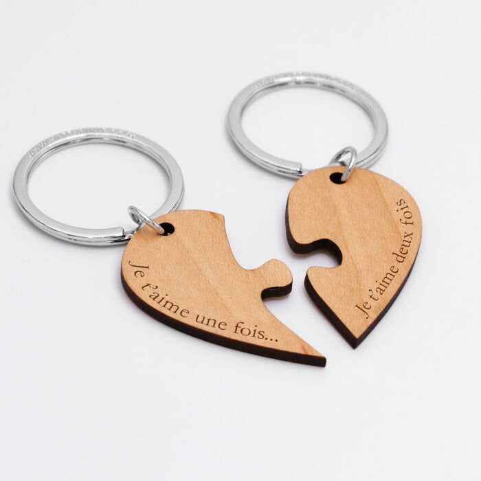 Duo de porte-clés personnalisés médailles gravées bois "Coeur inséparable" - texte 3