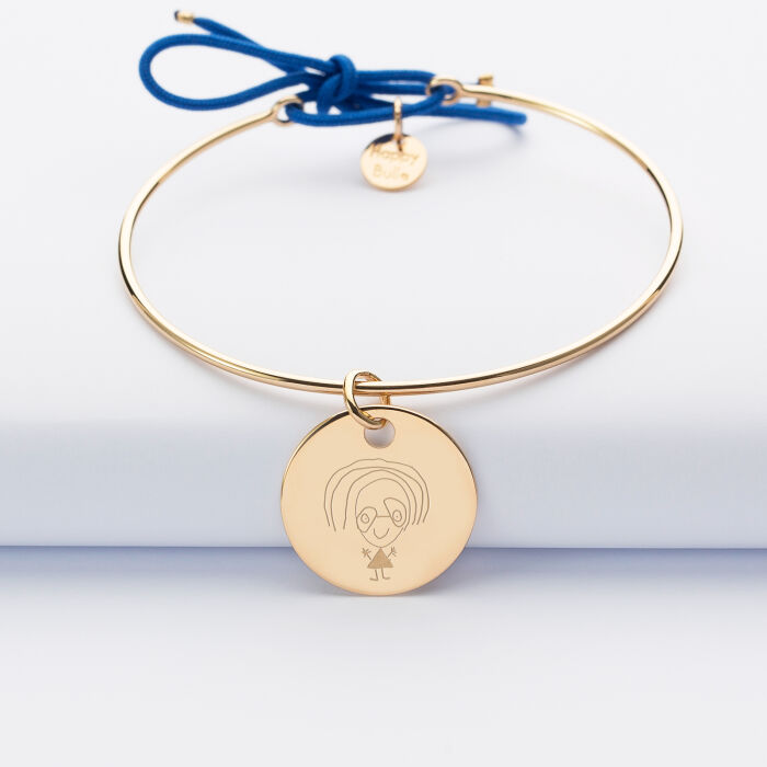 Personalised gold plate bangle with cord and 19mm engraved medallion sketch