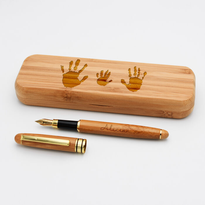 Coffret bambou personnalisé et stylo plume gravé 172x50mm - empreintes