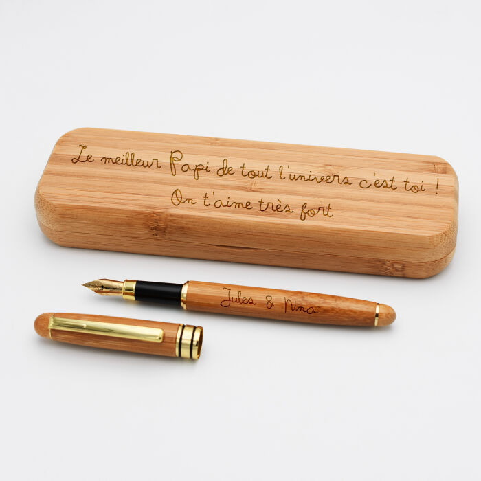 Coffret bambou personnalisé et stylo plume gravé 172x50mm - texte