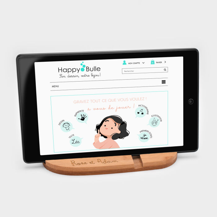 Support téléphone et tablette personnalisé bois gravé double fente - tablette