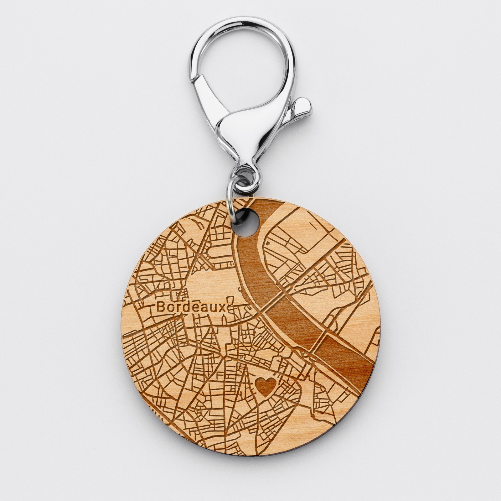 Porte-clés gravé Géo map personnalisé bois médaille 50 mm ronde
