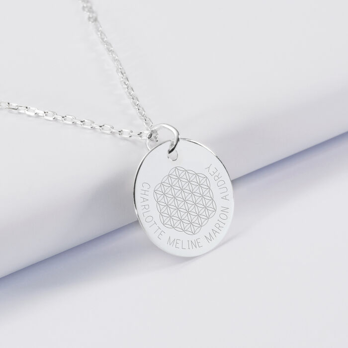 Pendentif personnalisé médaille gravée argent 19 mm - Edition spéciale Fleur de Vie - texte
