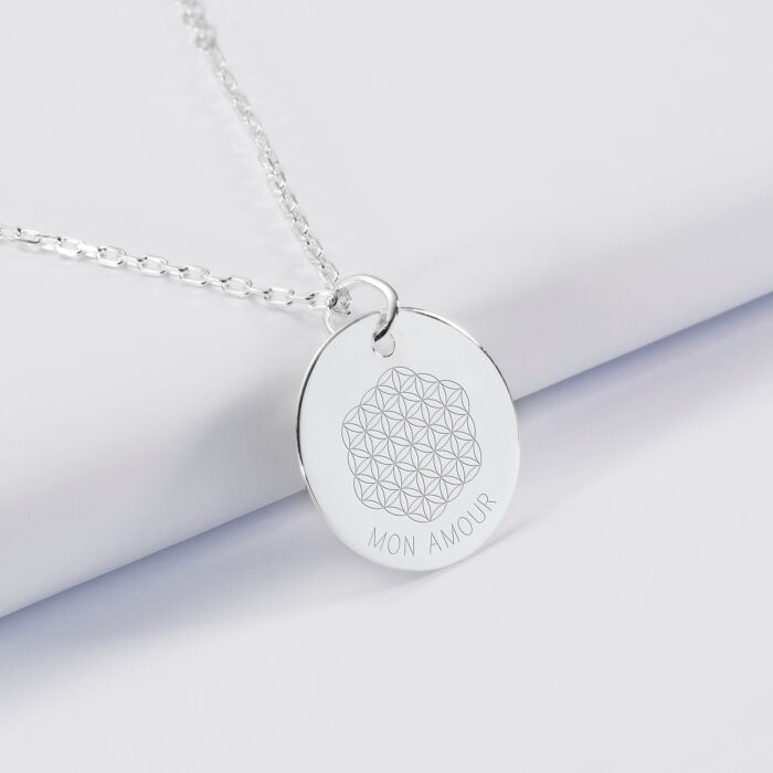 Pendentif personnalisé médaille gravée argent 19 mm - Edition spéciale Fleur de Vie - prénoms