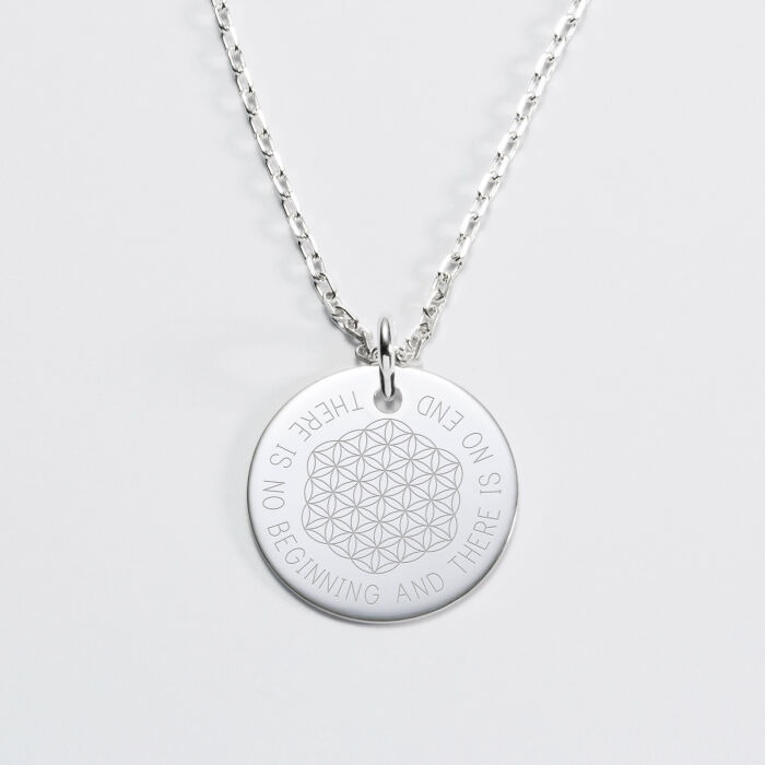Pendentif personnalisé médaille gravée argent 19 mm - Edition spéciale Fleur de Vie - citation
