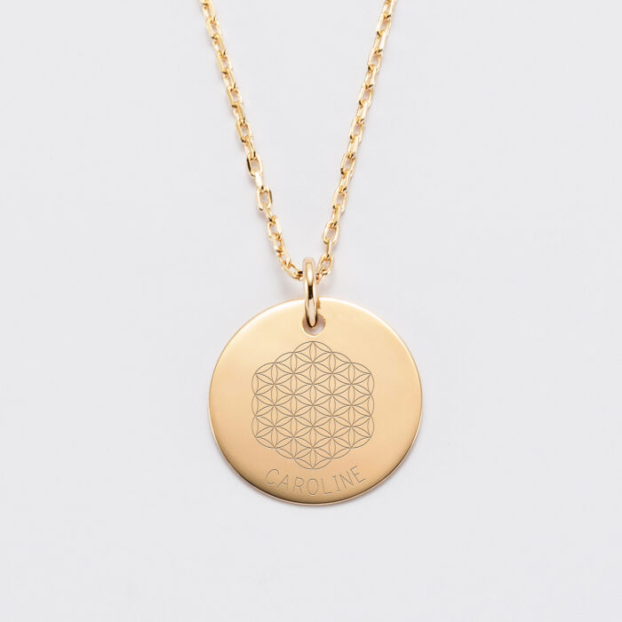 Pendentif personnalisé médaille gravée plaqué or 19 mm - Edition spéciale Fleur de Vie