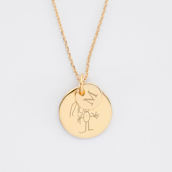 Pendentif personnalisé double médailles gravées plaqué or 10 mm et 19 mm - dessin