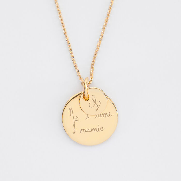 Pendentif personnalisé double médailles gravées plaqué or 10 mm et 19 mm - écrits