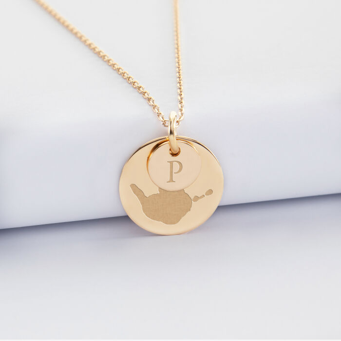 Pendentif personnalisé double médailles gravées plaqué or 10 mm et 19 mm - empreintes