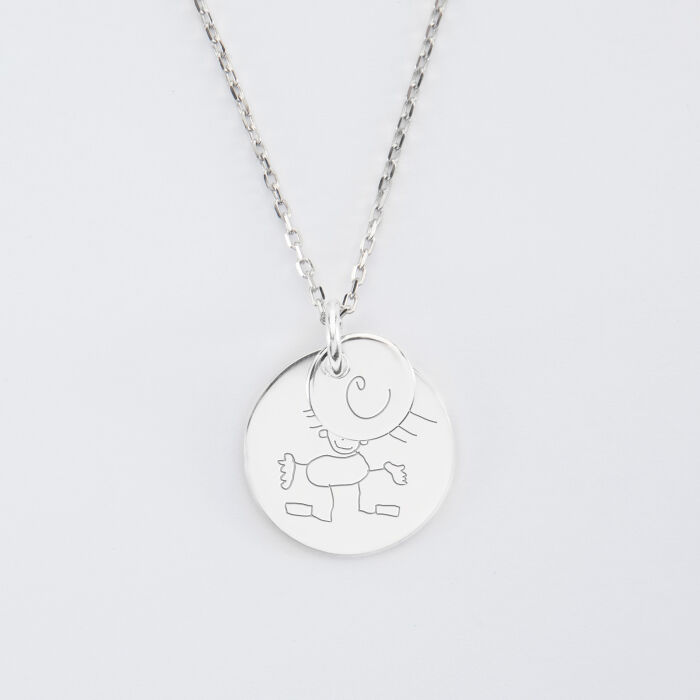 Pendentif personnalisé double médailles gravées argent 10 mm et 19 mm dessin