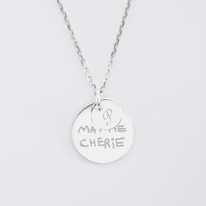 Pendentif personnalisé double médailles gravées argent 10 mm et 19 mm texte manuscrit