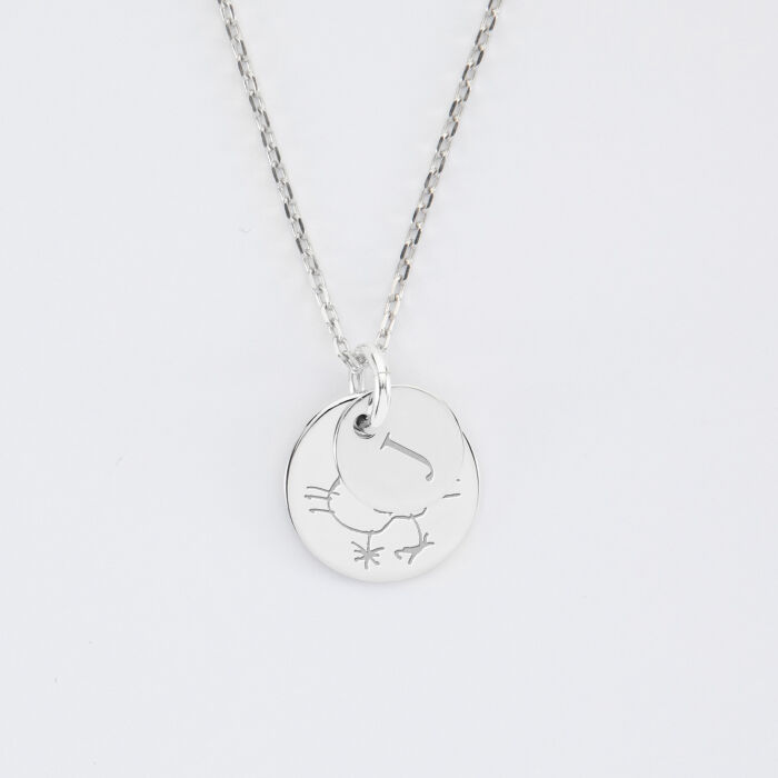 Pendentif personnalisé double médailles gravées argent 10 mm et 15 mm dessin