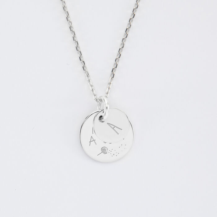 Pendentif personnalisé double médailles gravées argent 10 mm et 15 mm dessin bis