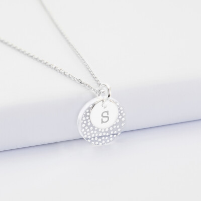 Pendentif personnalisé double médailles gravées argent 10 mm et acrylique 16 mm - initiale S