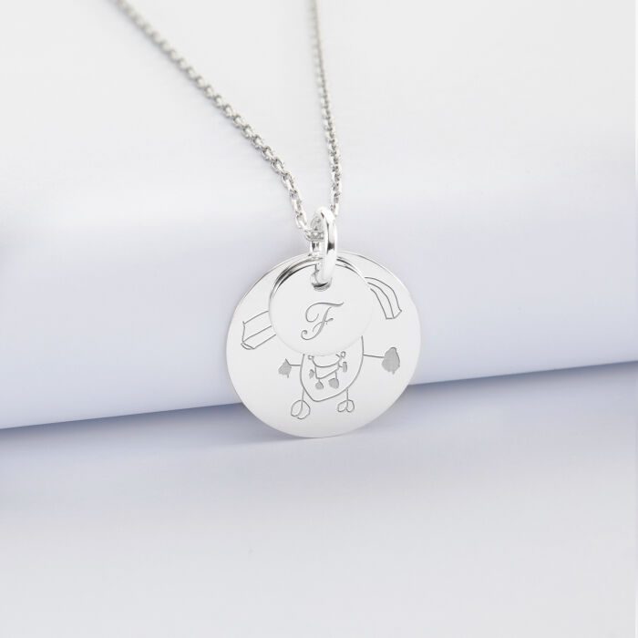 Pendentif personnalisé double médailles gravées argent 10 mm et 19 mm dessin bis