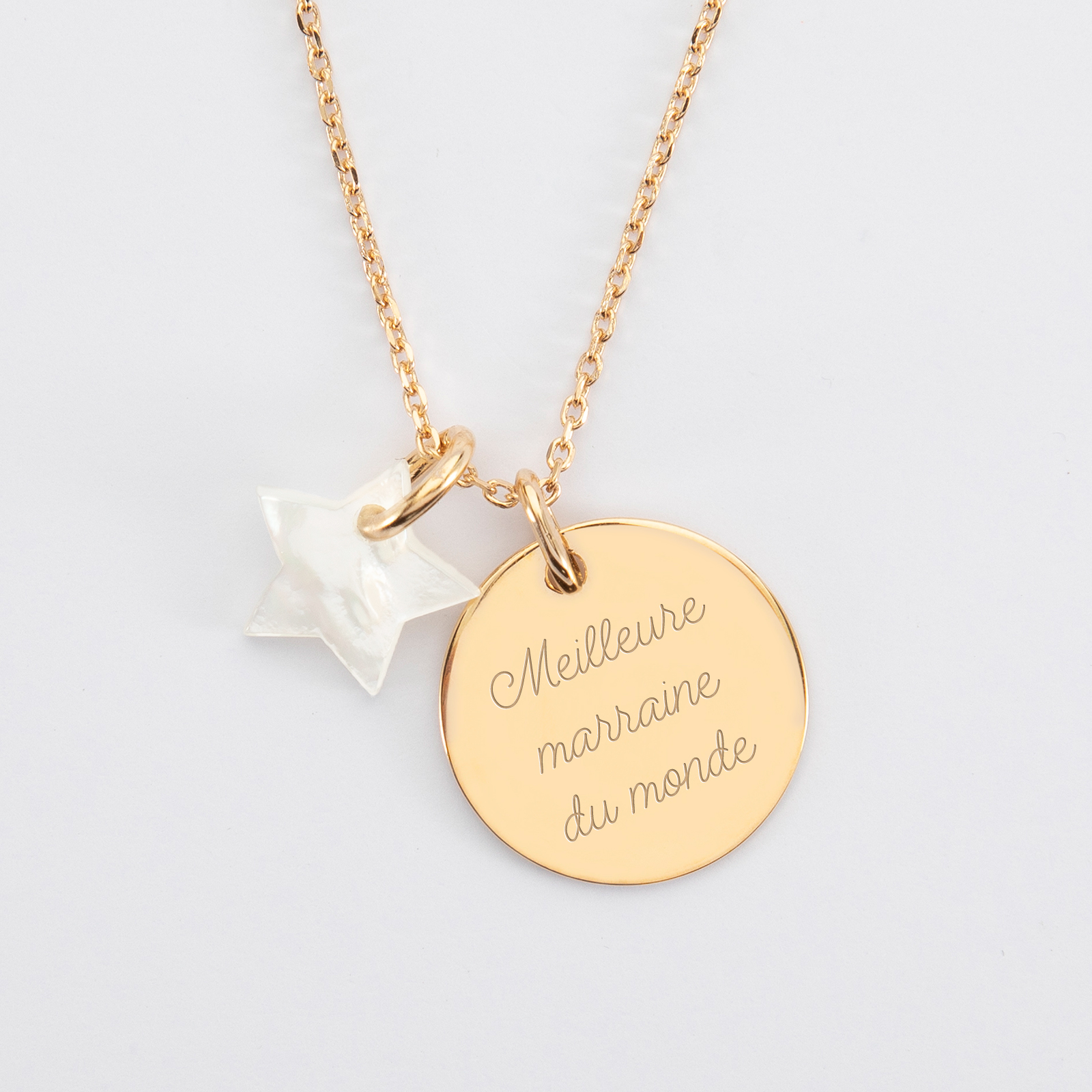 Pendentif Plaqué Or 18 Carats Réversible - Médaille Avec Nacre, Gravure Incluse, Neuf Avec étiquettes